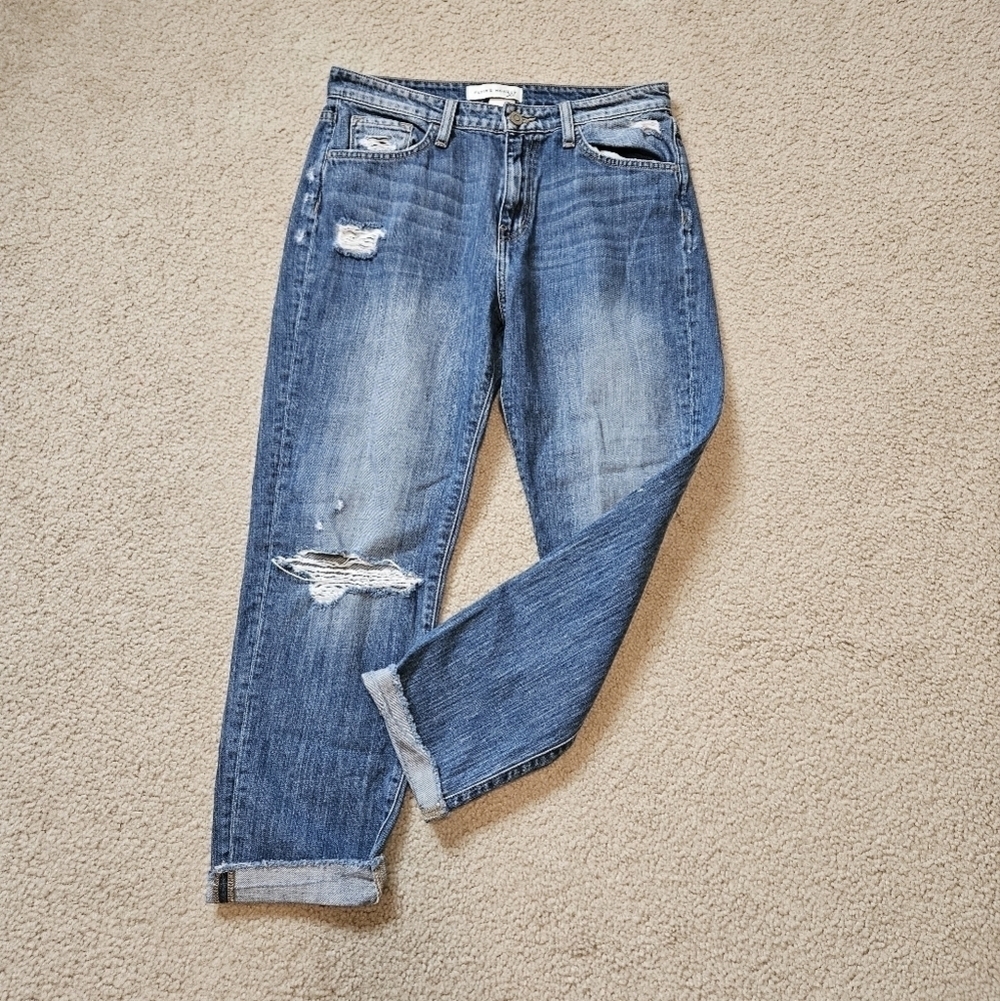 Flying Monkey Distressed Cropped Boyfriend Jeans - Medium Blue